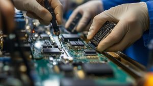Technicians assembling a circuitboard