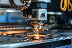 High precision cnc laser cutting metal sheet with sparks flying
