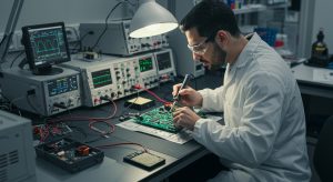Male lab worker soldering a circuit board in modern electronics lab with diverse equipment