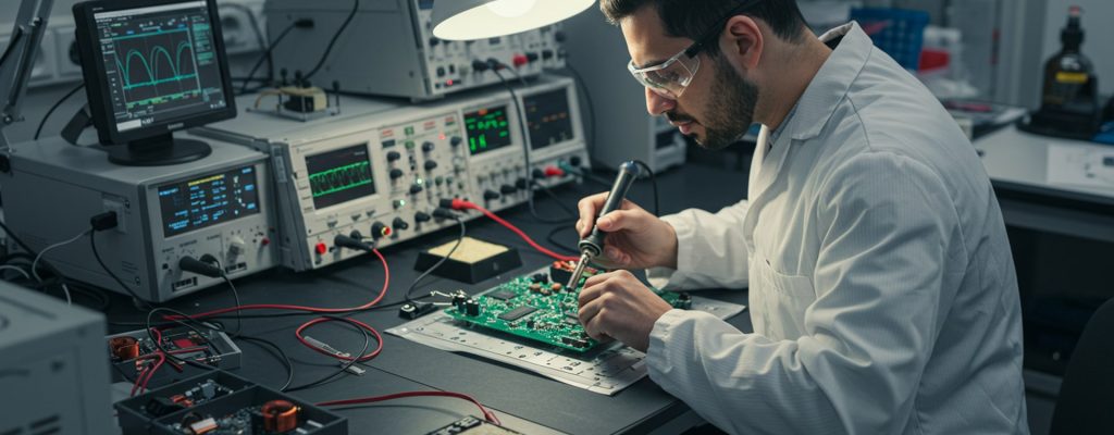 Male lab worker soldering a circuit board in modern electronics lab with diverse equipment